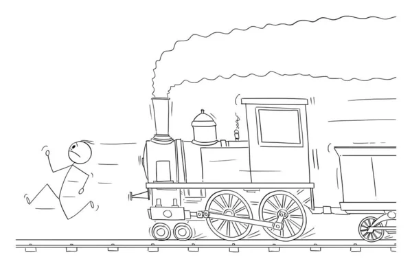 蒸気機関車 ベクトル漫画棒図又はキャラクターイラストからパニックになって逃げるトラック上の人 — ストックベクタ