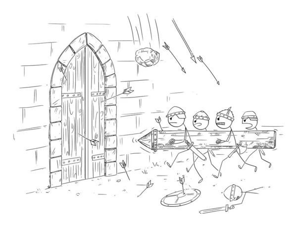 Soldats Avec Bélier Attaquant Porte Médiévale Château Pendant Siège Bataille — Image vectorielle