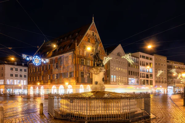 Illuminated Fountain Historic Sqauare Augsburg Night — Stock Photo, Image