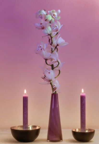 Closeup Orchid Flower Purple Vase Two Burning Candles — Stock Photo, Image
