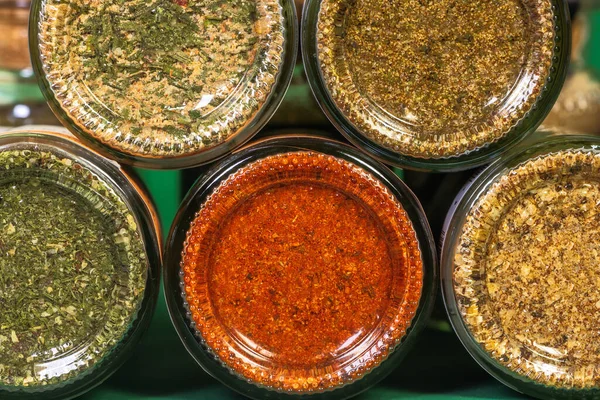 Closeup Various Spices Glass Bottle — Stock Photo, Image