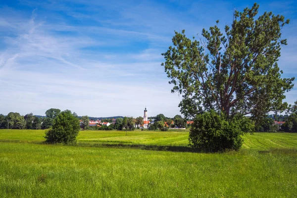 Paesaggio Con Villaggio Idilliaco Baviera — Foto Stock