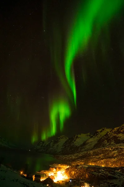 Luci Nordiche Verdi Aurora Borealis Erstfjordsbotn Kvaloya Tromso Norvegia Con — Foto Stock