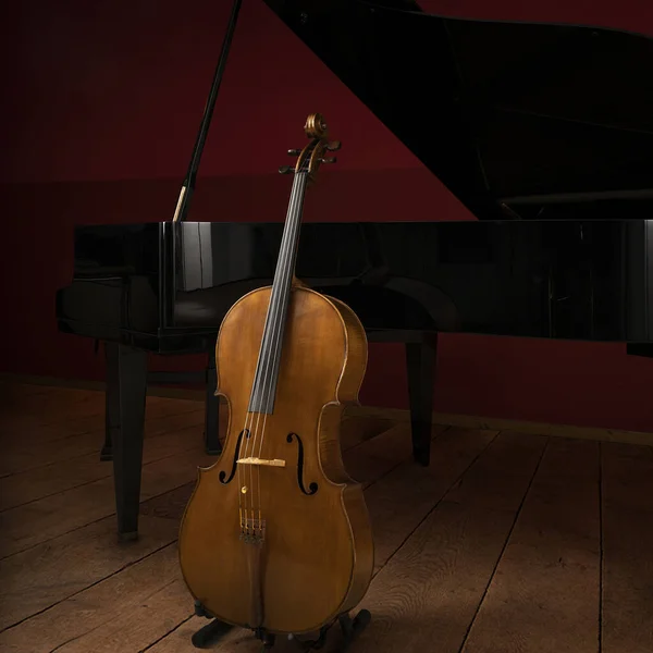 Два Класичні Інструменти Віолончель Грандіозне Фортепіано Сцені Чекає Своїх Музикантів — стокове фото