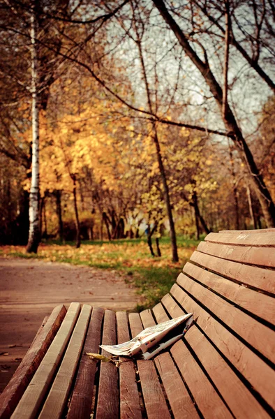 Il giornale su una panchina in parco di autunno Immagine Stock