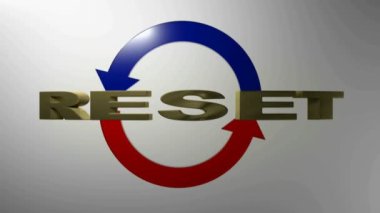 Pirinç harflerle yeniden ayarlama, dönen mavi ve kırmızı parlak oklar, beyaz arkaplan - 3D resimleme