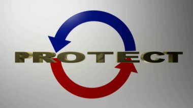 PROTECT 'i pirinç harflerle, beyaz arkaplanda, mavi ve kırmızı dönen oklarla yaz - 3D canlandırma