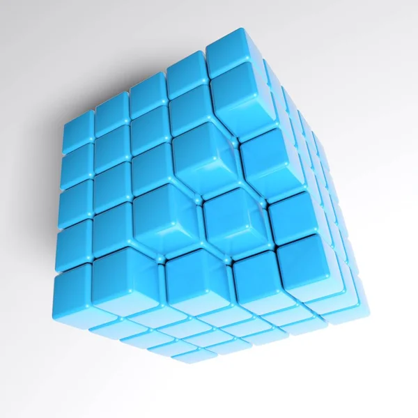 白色背景上的蓝色立方体集成符号 3D渲染说明 — 图库照片