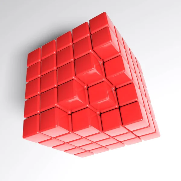 白色背景上的红色立方体集成符号 3D渲染说明 — 图库照片