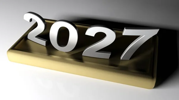 2027 Krómozott Írás Sárgaréz Talapzaton Renderelés Illusztráció — Stock Fotó
