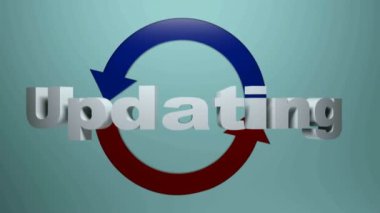 Mavi arkaplanda UPDATING, mavi ve kırmızı semboller - 3D görüntüleme videosu