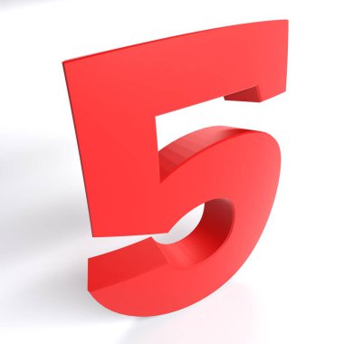 Beyaz arkaplanda 5 numaralı kırmızı renk izole edildi - 3 boyutlu resimleme