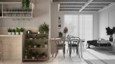 Mimar iç mimar konsepti: bitirilmemiş proje gerçek, rahat bir oturma odası haline geliyor. Koltuk, yemek masası. Seramik fayanslar, saksı bitkileri. Çevre dostu iç tasarım