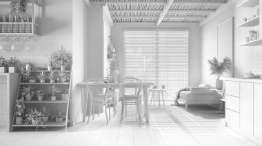 Bambu tavanlı, sürdürülebilir konforlu oturma odası ve mutfak projeleri. Koltuk, yemek masası, sandalyeler. Saksı bitkileri. Seramik zemin. Çevre dostu iç tasarım