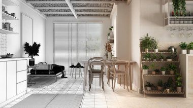 Mimar iç mimar konsepti: Bitmemiş proje gerçeğe dönüşüyor, oturma odası ve mutfak, bambu tavan. Koltuk, yemek masası, sandalyeler. Çevre dostu iç tasarım