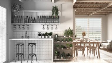 Mimari iç mimar konsepti: tamamlanmamış bir proje gerçeğe dönüşüyor, bar tabureli oturma odası. Koltuk, yemek masası. Seramik fayanslar. Çevre dostu tasarım