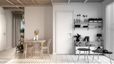 Mimari iç mimar konsepti: Tamamlanmamış proje gerçeğe dönüşüyor, bambu tavanlı oturma odası ve yemek odası. Kitaplık, masa. Seramik zemin. Çevre dostu tasarım