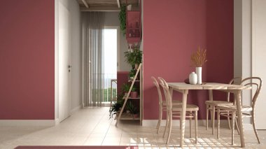 Sıcak ahşap yemek odası panoramik pencereli ve bambu tavanlı kırmızı tonlarda. Sandalyeli masa, saksı bitkileri, seramik zemin. Çevre dostu iç tasarım