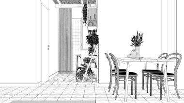 Pencereli ve bambu tavanlı konforlu sürdürülebilir yemek odasının proje taslağı. Sandalyeli masa, saksı bitkileri, seramik zemin. Çevre dostu iç tasarım