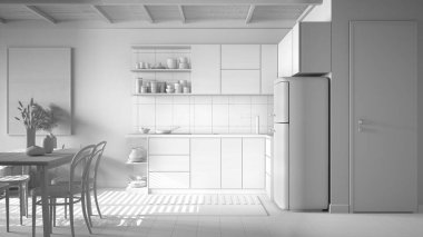 Tamamen beyaz, sürdürülebilir yemek odası ve bambu tavanlı mutfak projesi. Masa, sandalyeler, buzdolabı, aletler. Seramik fayanslar. Çevre dostu iç tasarım