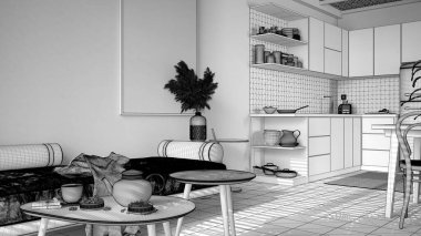 Sürdürülebilir mutfak, oturma odası ve modern kanepe ve sehpalarla dolu bitmemiş bir proje. Çay zamanı, cam çaydanlık, çay fincanı ve atıştırmalıklar. Çevre dostu iç tasarım