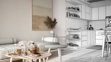 Mimari iç mimar konsepti: Bitmemiş bir proje gerçek oluyor, mutfak, kanepe ve masalı oturma odası. Çay zamanı, cam çaydanlık ve çay fincanı. Çevre dostu tasarım