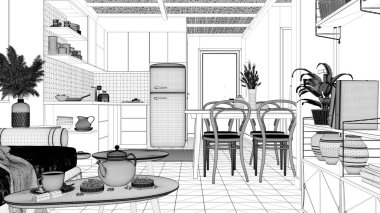 Modern kanepe ve kahve masaları olan sürdürülebilir mutfak ve oturma odasının proje taslağı. Çay zamanı, cam çaydanlık, çay fincanı, atıştırmalıklar. Çevre dostu iç tasarım