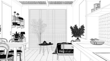 Bambu tavanlı konforlu sürdürülebilir oturma odası ve mutfağın proje taslağı. Koltuklar, raflar, yemek masası, sandalyeler. Seramik zemin. Çevre dostu iç tasarım