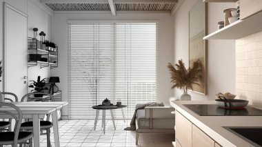 Mimar iç mimar konsepti: Bitmemiş proje gerçeğe dönüşüyor, oturma odası ve mutfak, bambu tavan. Koltuk, yemek masası, sandalyeler. Çevre dostu iç tasarım