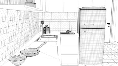 Konforlu sürdürülebilir mutfak taslağı, indüksiyon hob 'u, kızarmış yumurtayla tava. Kahvaltıda. Buzdolabı, aletler. Seramik fayanslar. Çevre dostu iç tasarım