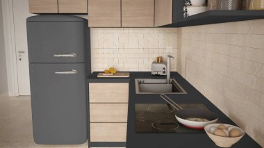 Gri tonlu, sürdürülebilir, konforlu ahşap mutfak, indüksiyon hob ve kızarmış yumurtayla tava. Kahvaltıda. Buzdolabı, aletler. Seramik fayanslar. Çevre dostu iç tasarım