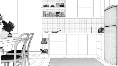 Seramik fayanslı konforlu sürdürülebilir yemek odası ve mutfağın proje taslağı. Dolaplar, raflar, tavalar, aletler, sandalyeli masa. Çevre dostu iç tasarım