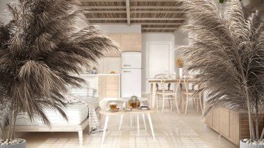 Çakıl taşları, kuru bitkiler, süs, kulaklar, kılıf, vazo içinde konforlu sürdürülebilir mutfak, yemek ve oturma odası yemek masası, modern minimal iç tasarım.