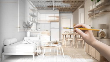 Blueprint project draft, sketch of cosy wooden living room and kitchen, hand painting interior details, design concept idea, sustainable apartment with ceramic floor, custom furniture