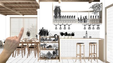 Tamamlanmamış proje, inşaat tasarısı, konsept iç tasarım eskizi, el işaretli gerçek ahşap oturma odası ve planlı yemek masası, mimar tasarım fikri