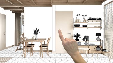 Tamamlanmamış proje, inşaat tasarısı, konsept iç tasarım eskizi, el işaretli gerçek ahşap oturma odası ve planlı yemek masası, mimar tasarım fikri