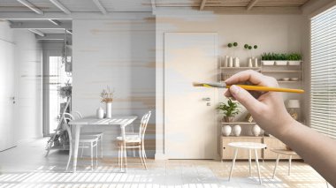 Blueprint project draft, sketch of cosy living room with dining table, hand painting interior details, design concept idea, sustainable apartment with ceramic floor, custom furniture