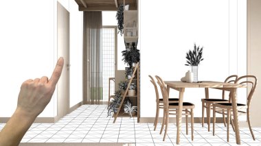 Tamamlanmamış proje, inşaat tasarısı, konsept iç tasarım eskizi, el işaretli gerçek ahşap oturma odası ve planlı yemek masası, mimar tasarım fikri