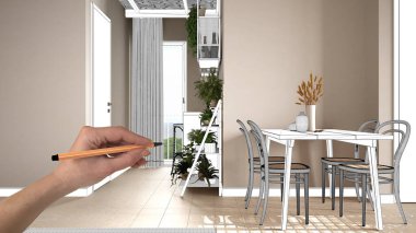 Unfinished project, blueprint under construction draft, concept interior design sketch, hand drawing real living room and table with blueprint background, architect and designer idea