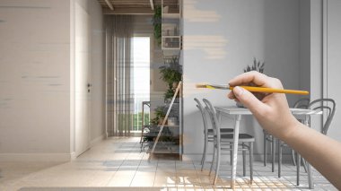 Blueprint project draft, sketch of cosy living room with dining table, hand painting interior details, design concept idea, sustainable apartment with ceramic floor, custom furniture