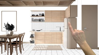 Tamamlanmamış proje, inşaat tasarısı, konsept iç tasarım eskizi, elle işaret edilen gerçek ahşap mutfak ve yemek masası, mimarlık tasarımı fikri.