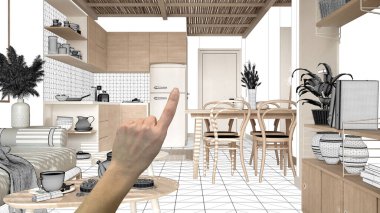 Tamamlanmamış proje, inşaat tasarısı, konsept iç tasarım eskizi, el işaretli gerçek ahşap oturma odası ve mutfak, mimari tasarım fikri