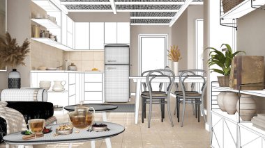 Proje taslağı, yemek masası, vazolar, kanepe, iç tasarım fikri, seramik zemini olan sürdürülebilir daire, özel mobilyaları olan rahat ahşap oturma odası taslağı.