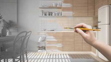 Taslak proje taslağı, yemek masalı rahat mutfağın taslağı, el boyası iç dekorasyon fikri, seramik zemini olan sürdürülebilir daire, özel mobilyalar.