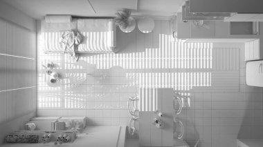 Konforlu, sürdürülebilir bir oturma odası ve mutfağın beyaz projesi. Koltuklar, raflar, yemek masası, sandalyeler. Seramik fayanslar. Çevre dostu iç tasarım, üst görünüm, plan, yukarıda