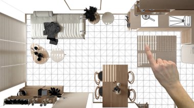 Tamamlanmamış proje, inşaat tasarısı, konsept iç tasarım eskizi, el işaretli gerçek oturma odası, planlı mutfak, tasarım fikri, üst görünüm, plan, yukarıda