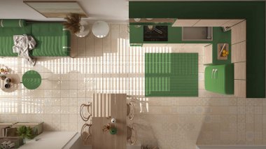 Sıcak ahşap sürdürülebilir yemek odası ve yeşil tonlarda mutfak. Koltuklar, raflar, yemek masası, sandalyeler. Seramik fayanslar. Çevre dostu iç tasarım, üst görünüm, plan, yukarıda