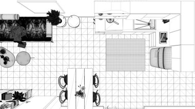 Sürdürülebilir yemek odası ve mutfağın proje taslağı. Koltuklar, raflar, yemek masası, sandalyeler. Seramik fayans zemini. Çevre dostu iç tasarım, üst görünüm, plan, yukarıda