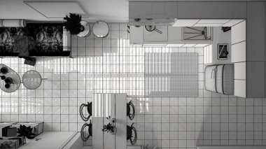 Sürdürülebilir yemek odası ve mutfak projesi tamamlanmamış. Koltuklar, raflar, yemek masası, sandalyeler. Seramik fayans zemini. Çevre dostu iç tasarım, üst görünüm, plan, yukarıda