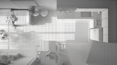 Sürdürülebilir yemek odası ve mutfak projeleri. Koltuklar, raflar, yemek masası, sandalyeler. Seramik fayans zemini. Çevre dostu iç tasarım, üst görünüm, plan, yukarıda